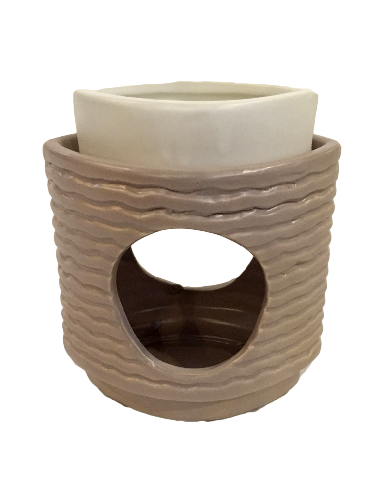 Tealight warmer rippled beige with white top stands 5" tall